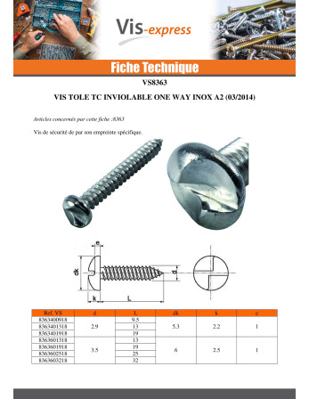 Vis tôle Inviolable Tête cylindrique TC One way 4.2X19 Inox A2