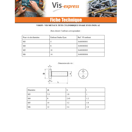 Vis métaux Inviolable Tête cylindrique TC SNAKE EYE M6X12 Inox A2 EMBT14