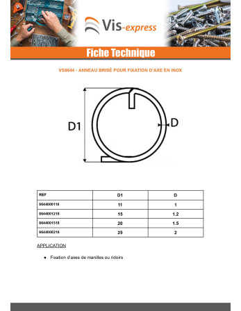 Anneau brisé pour fixation d'axe Diamètre 1.5 Inox A4