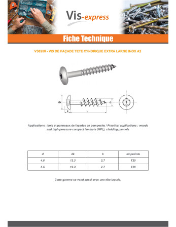 Vis de facade TORX T20 4.8X25 Diamètre de tête: 12.3 Inox A2 RAL9001 blanc creme
