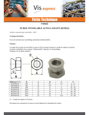 Ecrou Inviolable Auto-cassant Inox A2 M6