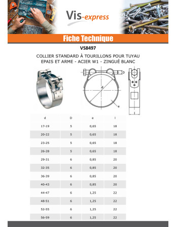 Collier à tourillons pour tuyau épais et arme Acier zingué W1 Diamètre 44 à 47