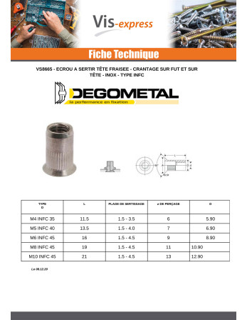 Ecrou à sertir Tête fraisée Cranté M4X11.5 INFC 35 Inox A2