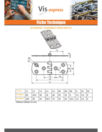 Charnière Type E 6 trous Inox A2 100X40