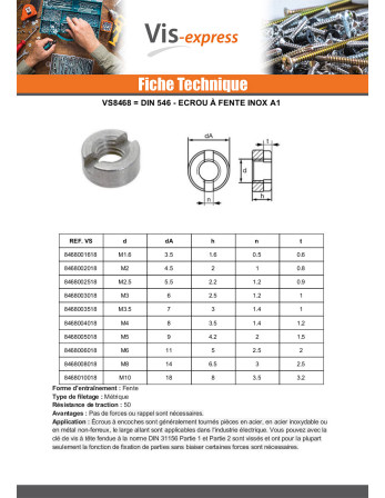 Ecrou Cylindrique Fendue Inox A1 M8