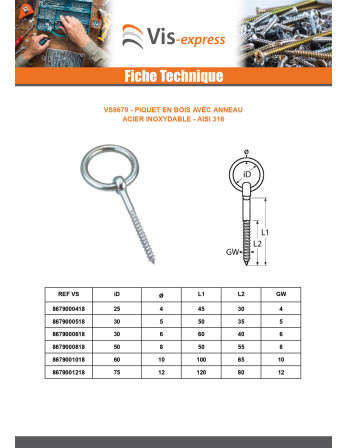 Piton Anneau Filetage Bois 5X50 Filetée sur 35 Inox A4