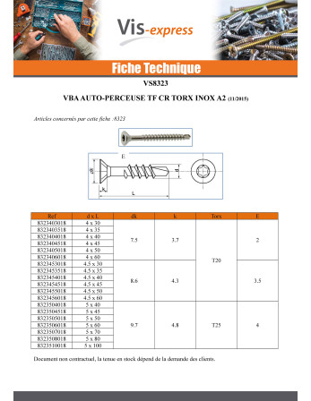 VBA Vis bois agglo Vis autoperceuse Tête fraisée Cranté 4.5X35 TORX T20 Inox A2