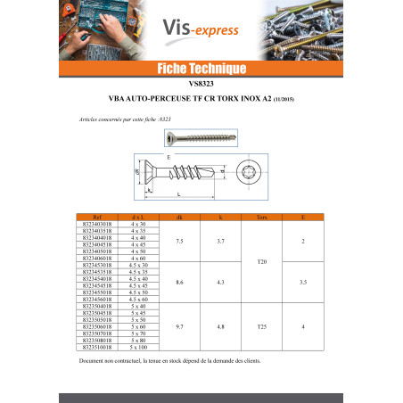 VBA Vis bois agglo Vis autoperceuse Tête fraisée Cranté 4.5X35 TORX T20 Inox A2