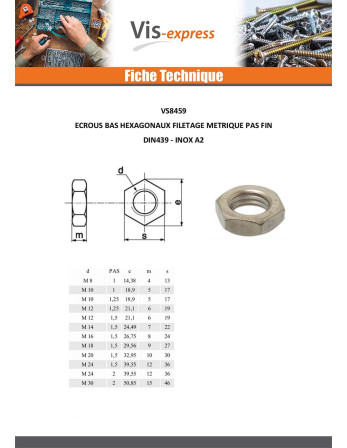 Ecrou hexagonal bas hm/contre Ecrou Inox A2 M10 Pas fin Pas de 125