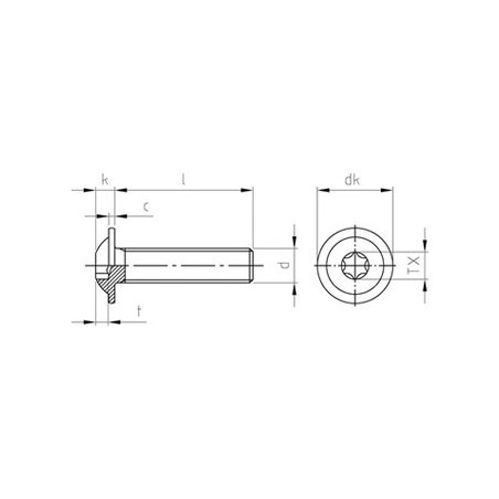 1 x Vis métaux Tête bombée Embase collerette TORX T20 M4X10 Filetage total Inox A2