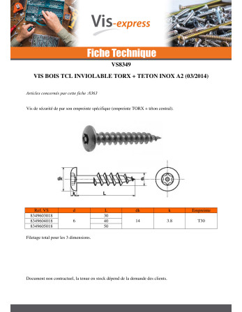 Vis Penture Inviolable TORX T30 avec téton 6X40 Inox A2