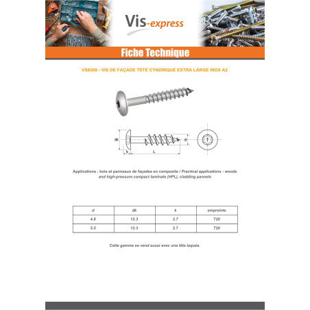 Vis de facade TORX T20 5.5X35 Diamètre de tête: 12.3 Inox A2 RAL9001 blanc creme