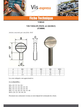 Vis VIOLON M10X20 Inox A2