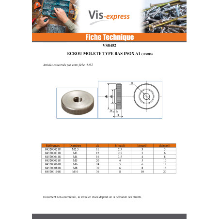Ecrou MOLETES Type bas M3 Inox A1