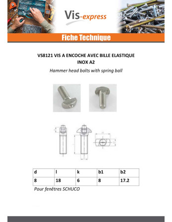 Vis métaux BILLE ELAST M8X22 8X17.2 Inox A2