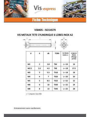 Vis métaux Tête cylindrique TC TORX T25 Inox A2 M5X40 Filetée sur 22
