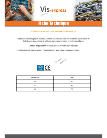 Vis béton Tête fraisée TORX T30 Inox A4 7.5X105 Filetée sur 50