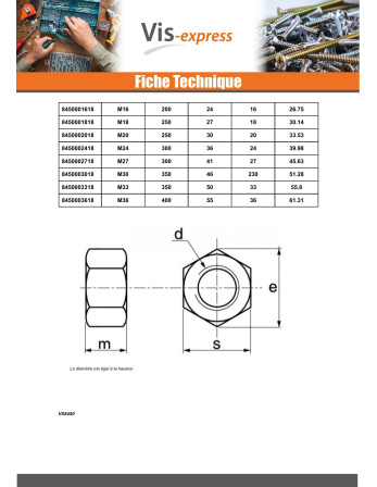 Ecrou HH M16 Epaisseur 16 Inox A4