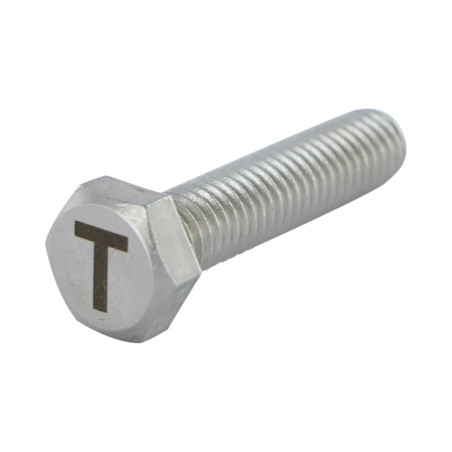 Vis métaux Tête hexagonale TH 8X35 Inox A4 avec gravure de lettre "T"