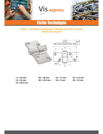 Charnière dégondable Gauche Inox A4 92X36