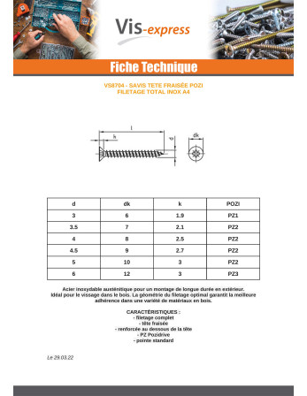 VBA Vis bois agglo Tête fraisée Pozi N°1 3X45 Filetage total Inox A4 microvis