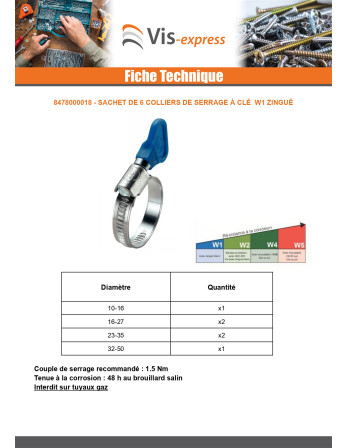 Sachet De 6 Collier de serrage à Clé Acier zingué W1