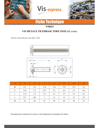 Vis métaux Tête bombée Embase collerette TORX T30 M6X75 Filetage total Inox A2