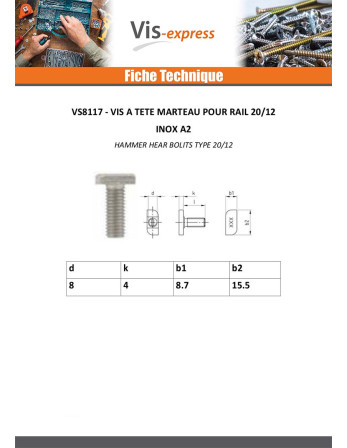 Vis métaux Tête marteau 8.7X15.5X4 M8X20 Inox A2 T20/12