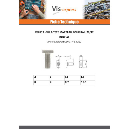 Vis métaux Tête marteau 8.7X15.5X4 M8X20 Inox A2 T20/12