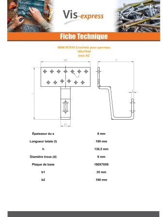 Crochet PANNEAU SOLAIRE 180X70X6 Inox A2