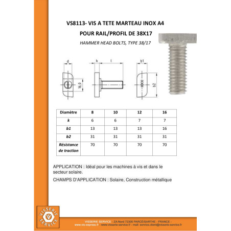 Vis métaux Tête marteau 13X31X6 M12X60 Inox A4 pour profilés 38/17