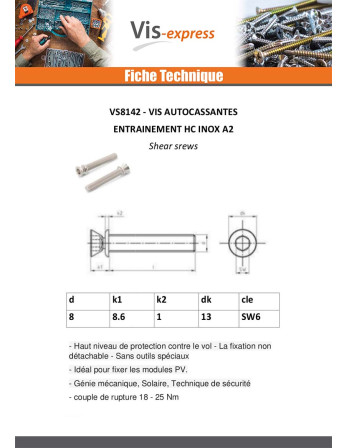 Vis métaux Inviolable Auto cassante Hexagonal creux Inox A2 M8X50
