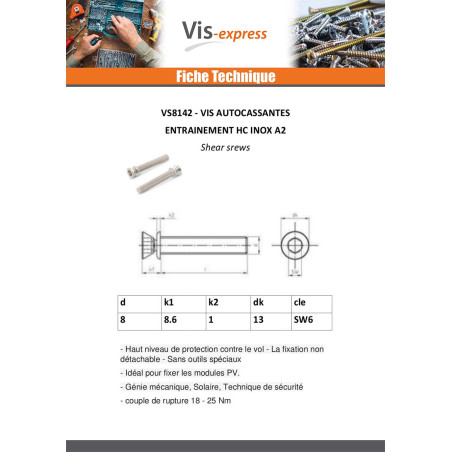 Vis métaux Inviolable Auto cassante Hexagonal creux Inox A2 M8X50
