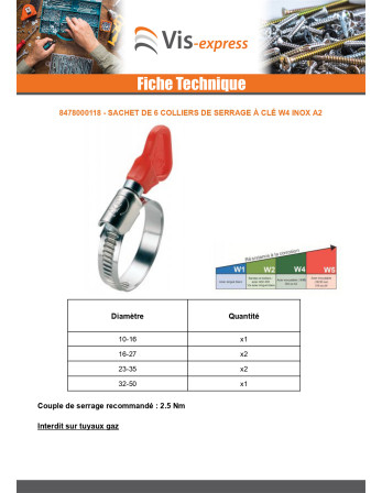 Sachet De 6 Collier de serrage à Clé Inox W4