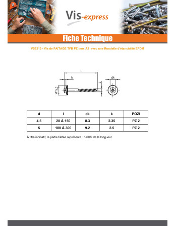 Vis faitage Tête fraisée bombée TFB Pozi Inox A2 cuivre Rondelle d'étanchéite EPDM 5X250