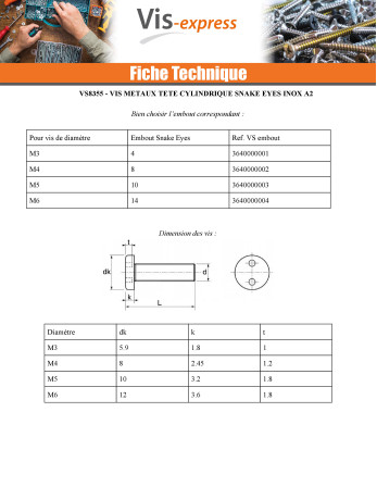 Vis métaux Inviolable Tête cylindrique TC SNAKE EYE M5X10 Inox A2 EMBT10