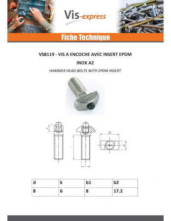 Vis métaux Tête marteau 17.2X8X6 EDPM M8X22 Inox A2