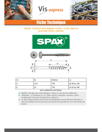Spax Vis charpente tête disque Inox A2 8X100 Filetage total TORX T40