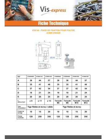 Pince de fixation pour poutre Diamètre 13 Acier zingué