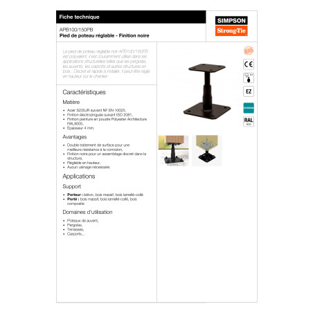 Pied de poteau réglable SIMPSON Strong Tie 130X130 RAL9005 noir foncé