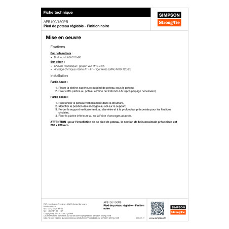 Pied de poteau réglable SIMPSON Strong Tie 130X130 RAL9005 noir foncé