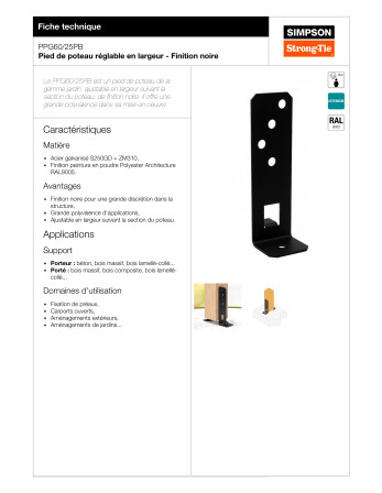Pied de poteau réglable SIMPSON Strong Tie 200X55 RAL9005 noir foncé
