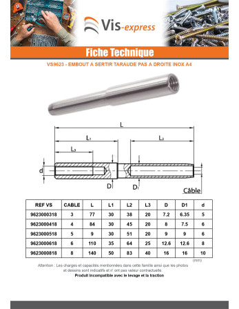 Embout A sertir Taraudé Pas Droite Câble 4 Inox A4
