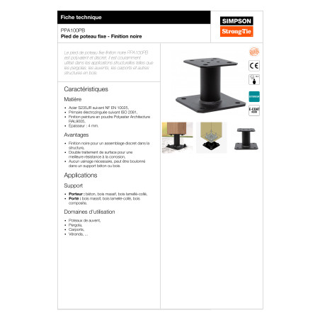 Pied de poteau fixe SIMPSON Strong Tie 130X130 RAL9005 noir foncé
