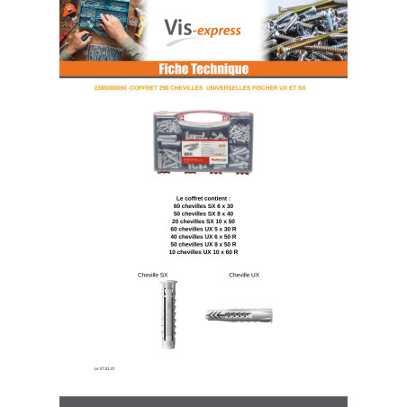 Assortiment de 290 Cheville Universelle Fischer UX Filetée sur SX