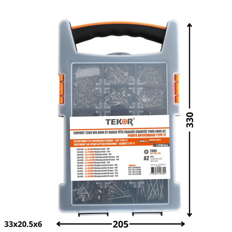 Assortiment de 1200 Vis bois TEKOR Tête fraisée Cranté TORX Inox A2