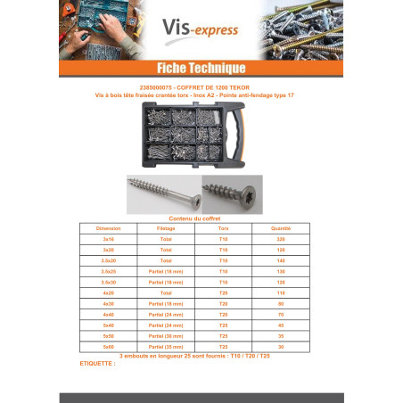 Assortiment de 1200 Vis bois TEKOR Tête fraisée Cranté TORX Inox A2