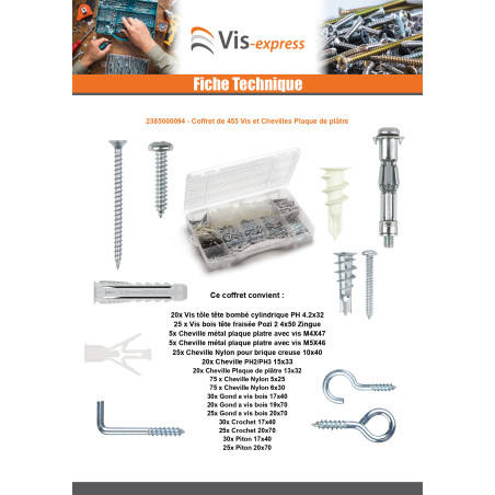 Assortiment de 455 Vis et Cheville Plaque de plâtre