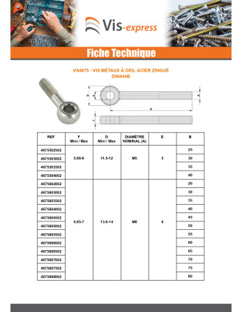 Vis métaux à Oeil M8X80 Filetée sur 22 Acier zingué