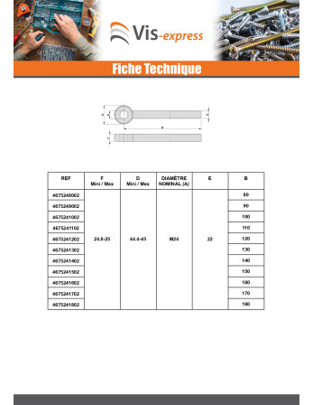 Vis métaux à Oeil M8X80 Filetée sur 22 Acier zingué